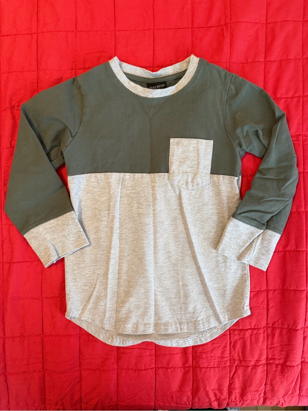 Little Bipsy Olive Green and Light Gray Two-Tone Long Sleeve Tee